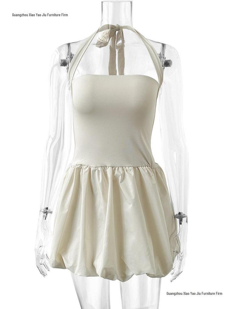 European & American Summer Pleated Backless Lace-up One-Shoulder Princess Dress