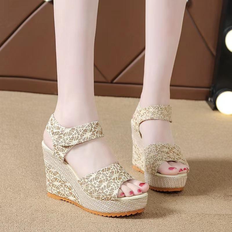 20 Summer New Wedge Heel Fish Mouth Sandals Women's Casual Muffin Thick-soled High-heeled Velcro Women's Shoes