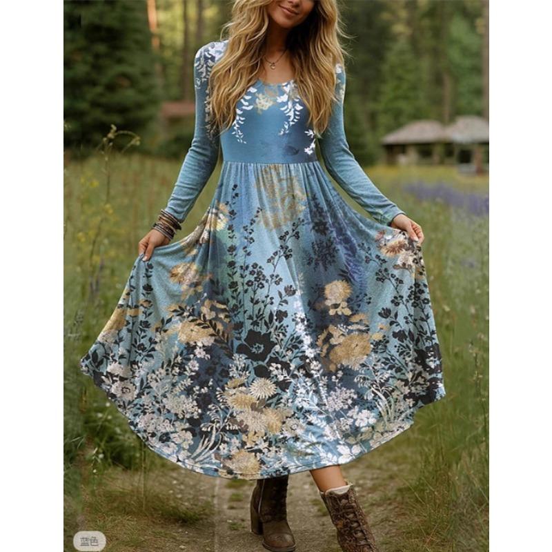 DAFIFY Women's Fashion Spring Fall Flower Pattern Print Long Sleeve U-Neck High Waist Casual Dresses