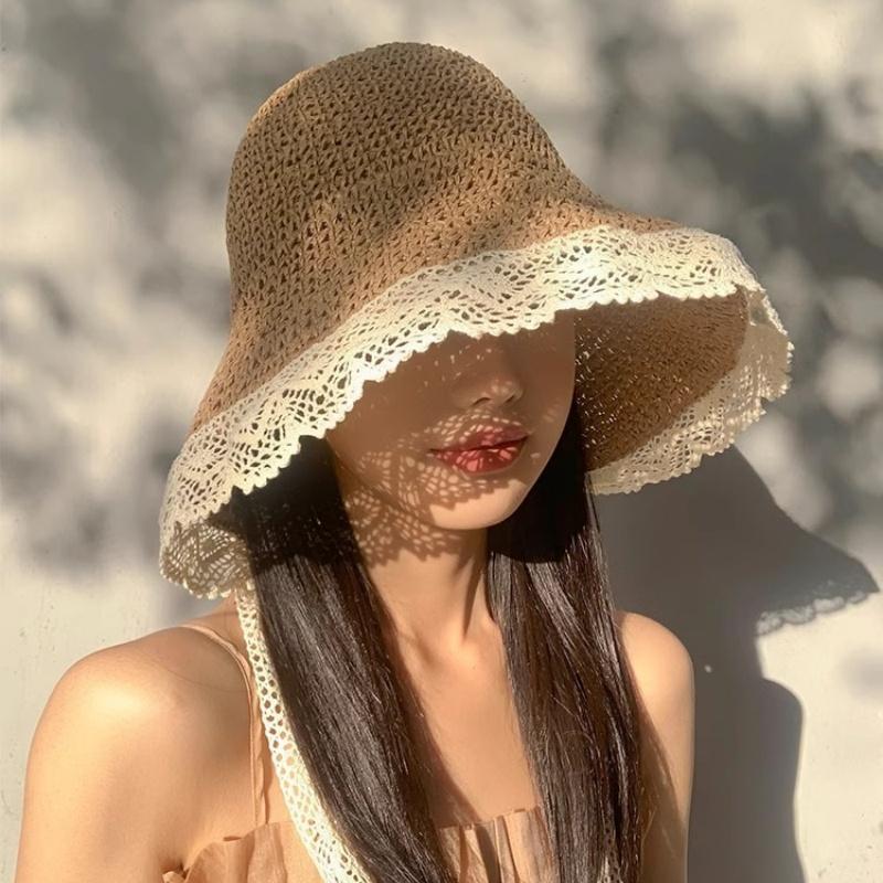 New Women'S Lace Sun Hat Wide Along The Beach Hat Summer Straw Hat Folding Sun Hat Head Women'S Beach Uv Protection Hat