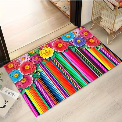 Colored Floral Stripes Flannel-printed Floor Mats Has a Non-slip Function Is Suitable for Entrances Bathroom Welcome Carpets