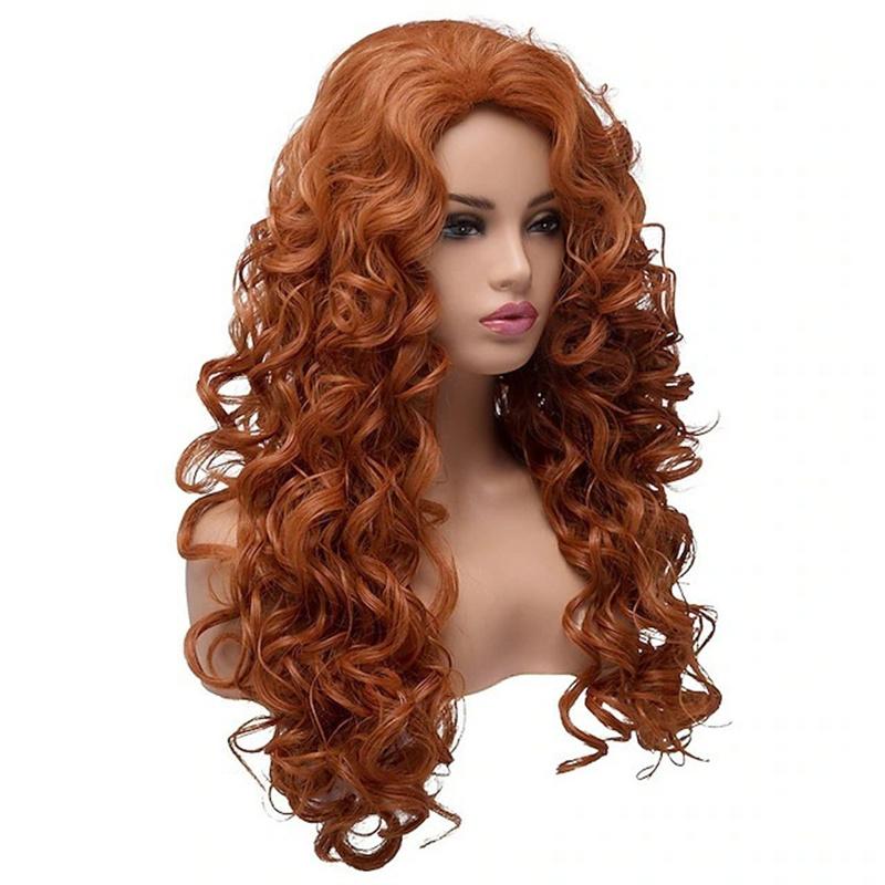 Long Auburn Wigs for Women Synthetic Curly Wig with Free Side Bangs Long Curly Wig for White Woman Drag Queen Costume Cosplay
