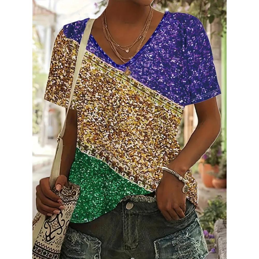 Summer Women's New Short Sleeved V-neck T-shirt Leisure Versatile Four Leaf Clover Fashionable Breathable Loose T-shirt