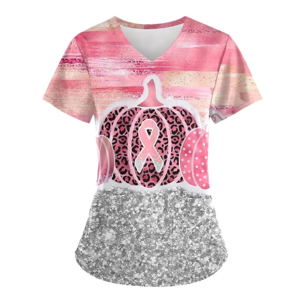 Scrubs Medical Uniform Pink Ribbon Cancer Fighter Graphic Women's Uniforms V Neck Short Sleeve Tops with Pockets Scrubs for Wome