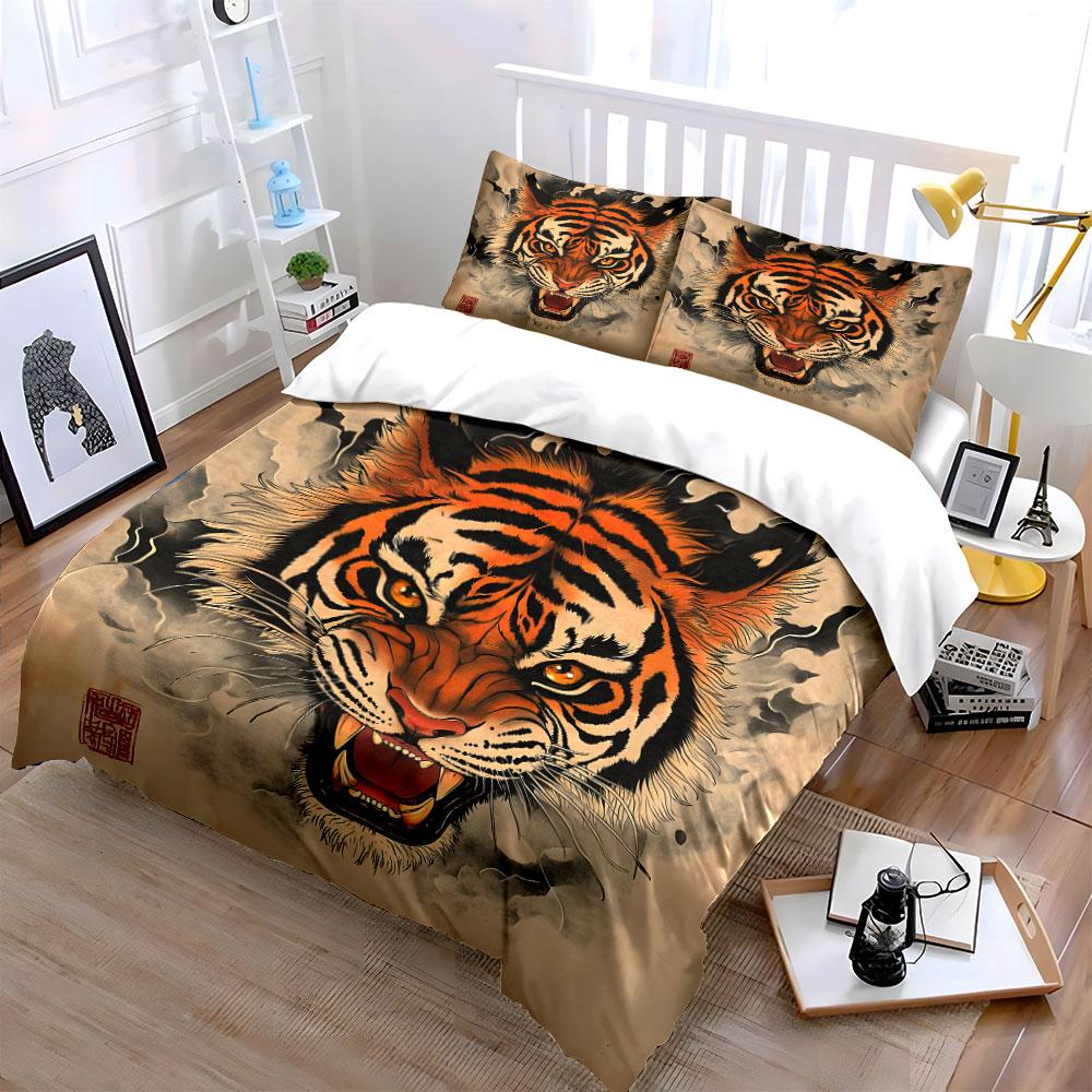 Set de Decoración Artística de Tigre - Exhibición en el Hogar Suave Cómodo Juego de Funda Nórdica Incluye 1*Funda Nórdica y 2*Fundas de Almohada, Regalo