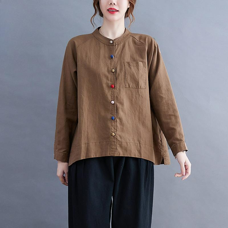 Early Autumn Women's Cotton and Linen Shirts, Niche Chic Long-sleeved Tops, Women's Disc Buttons, Retro Literary Loose Shirts
