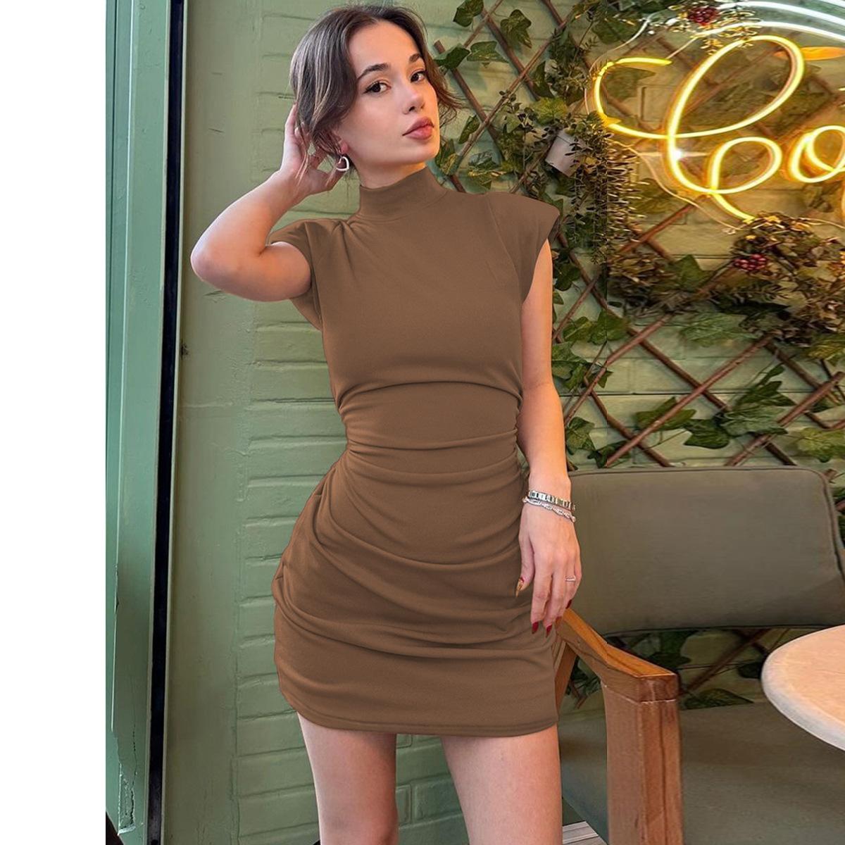 

Летнее женское платье с высоким воротом, сексуальное, модное, плиссированное, облегающее, облегающее платье Hottie Package Hip XS темно-коричневого
