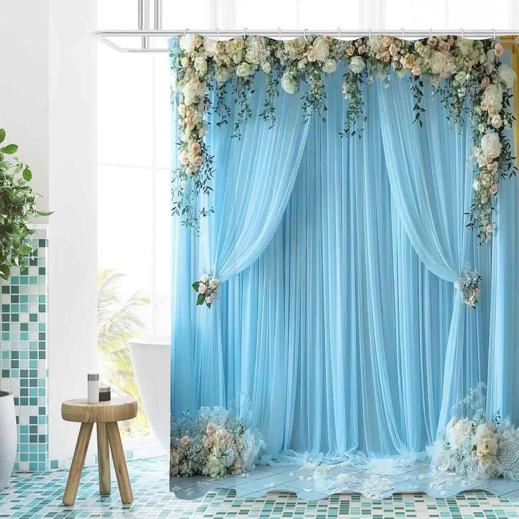 2D Gauze Curtain Printing Pink Shower Curtain, Bathroom Shower Waterproof Curtain with 12 Hooks, Home Decoration, Free Delivery