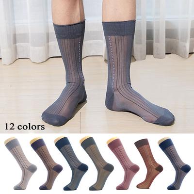 Chaussettes Mi-Mollet Fines en Soie pour Homme Élégantes Chaussettes Crew pour Robe d'Affaires Nylon Respirant Maille Jacquard Rayée Chaussettes Décontractées Amples