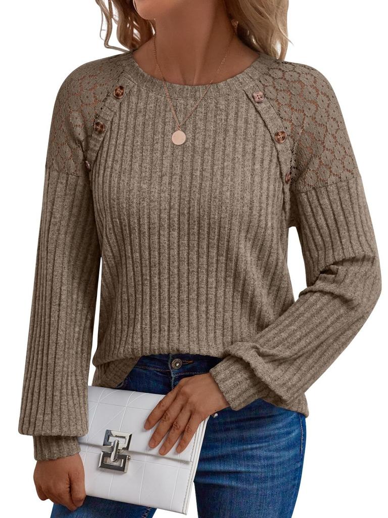 Round Neck Hollow Out Lace Blouse Knit Top Long Sleeve Women Elegant Splicing Casual Patchwork Shirt Ladies Fashion Casual Top Pullover Sweater