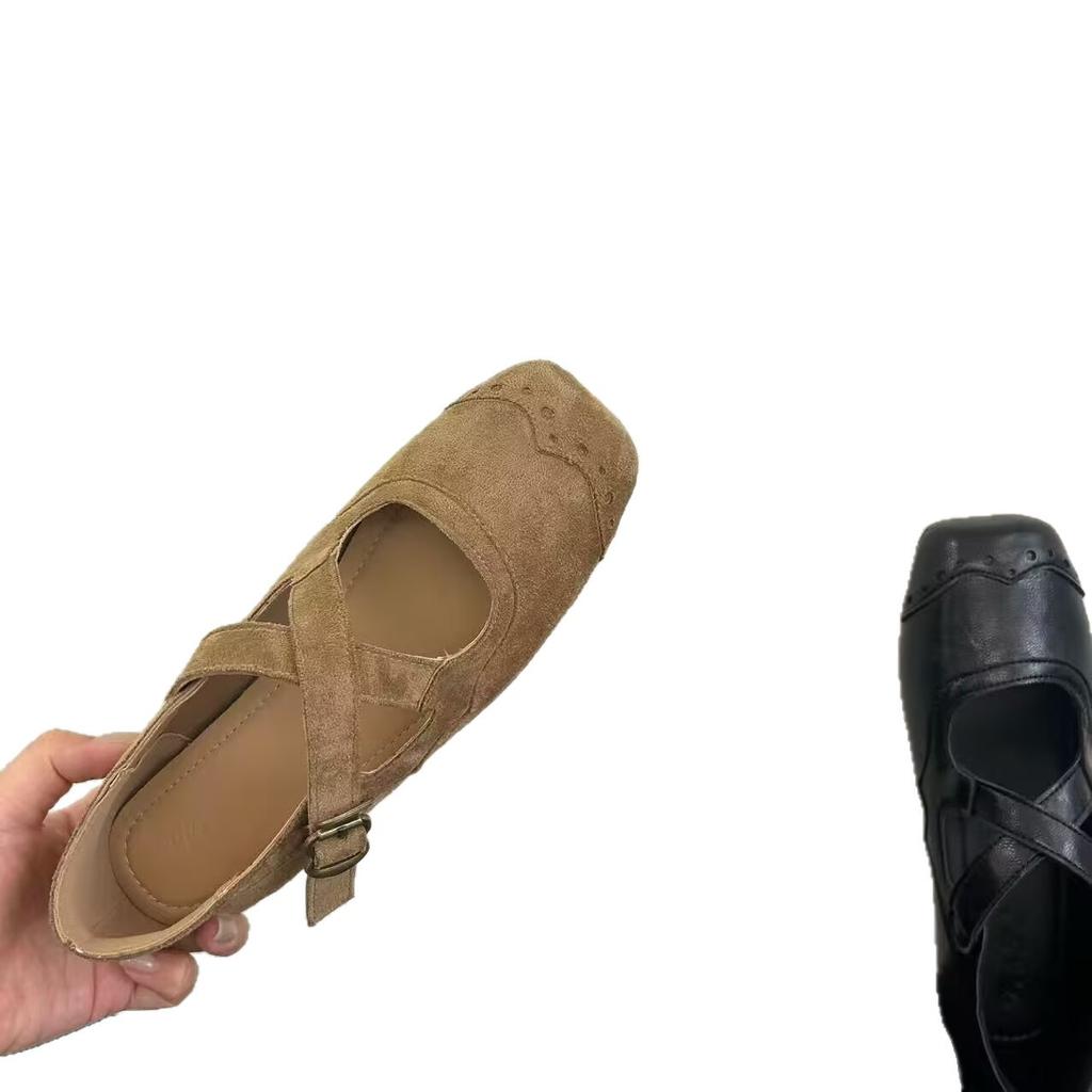 Sheepskin version~ Simple leather woven hollow commuting summer shallow mouth single shoes women's word with low heel commuting sandals