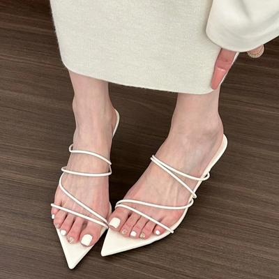Damen Hausschuhe Mittelhoher Absatz Spitz Offene Zehen Sandalen mit dünnen Riemchen Lässig Modisch Elegant Einfarbig Sandalias De Mujer