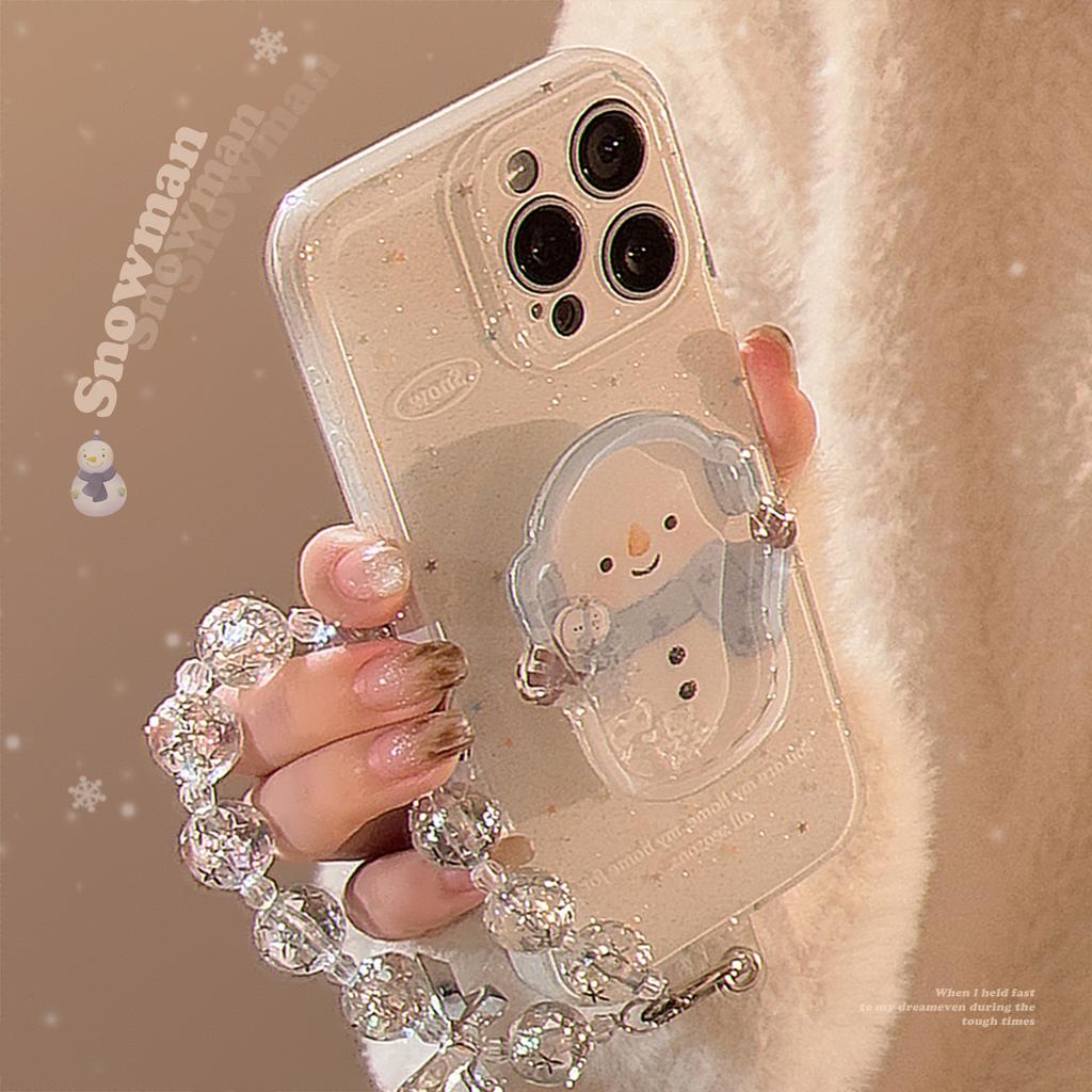 Winter Snowman Shaking Music Stand Applicable To Apple 16 Mobile Phone Case Glitter Powder Iphone15promax Hanging Chain 14 Soft