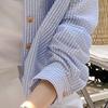 Women's Striped Button Down Shirts Drawstring Hooded Long Sleeve Cardigan Summer Sun