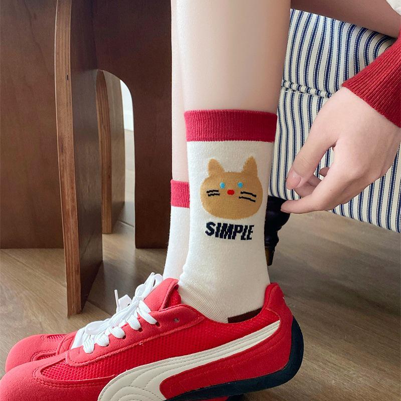Spring 2025 Korean Polka Dot Kitten Women's Cotton Mid-Calf Socks - Sweet, Cute, and Breathable