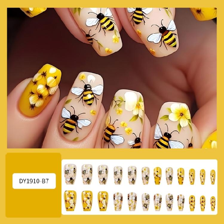 Spring Floarl Press On Nail Coffin False Nail with Flower Designs Stick On Nail Full Cover Artificial Nail for Women