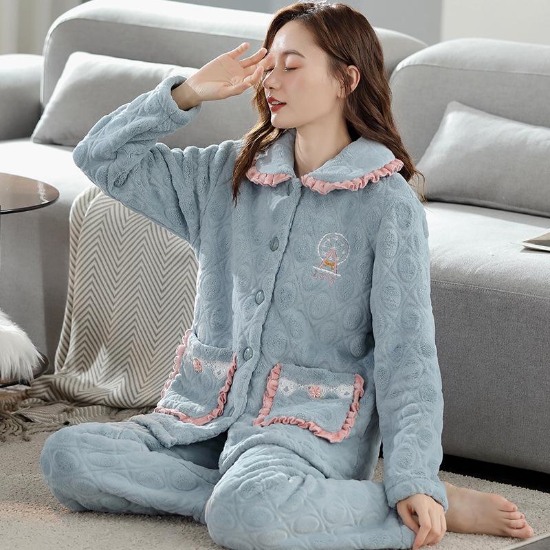 Women's Plus Size Thick Coral Fleece Pajamas - Warm Flannel Homewear for Autumn and Winter