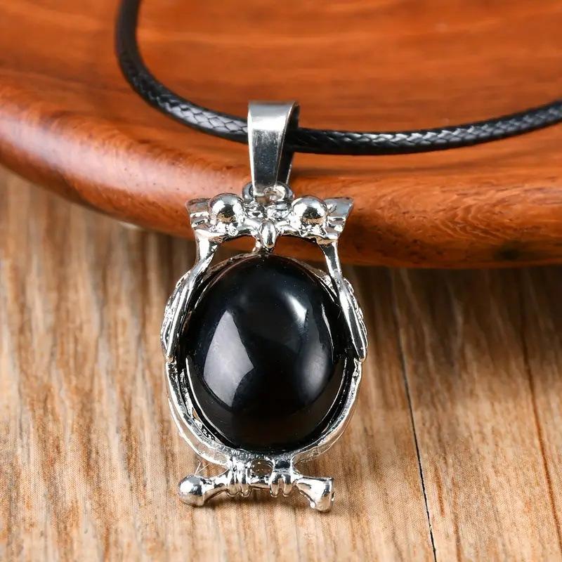 

Owl crystal necklace, European and American, vintage, natural stone pendant, leather necklace, accessory, fashionable personality
