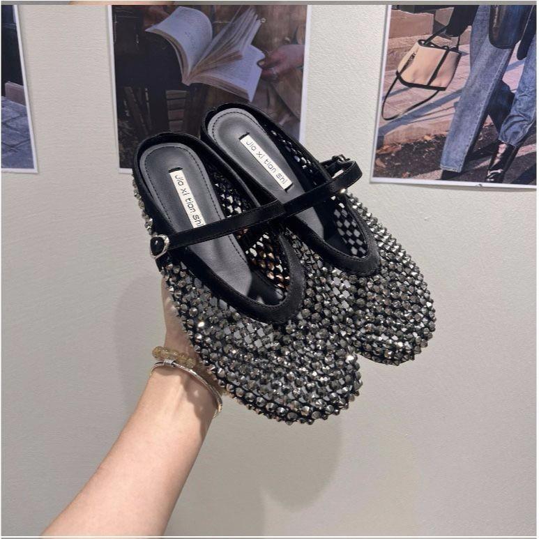 Rhinestone Heightening Baotou Half Slippers Women's 2025 Spring and Summer Outer Wear New Fishing Net Breathable Thick Bottom Sandals