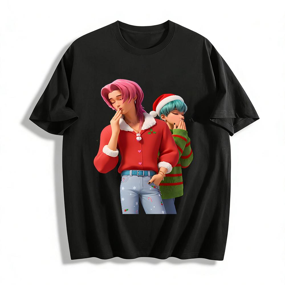 

Christmas Themed Cool Character Print Top Unisex Casual Long Sleeved Base Shirt For Holiday Pure cotton T-shirt 6XL