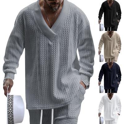Autumn Cross-border Casual Jacquard Knitted Sweater Men's Autumn Loose Long-sleeved T-shirt Men's V-neck Pullover Jacquard Top