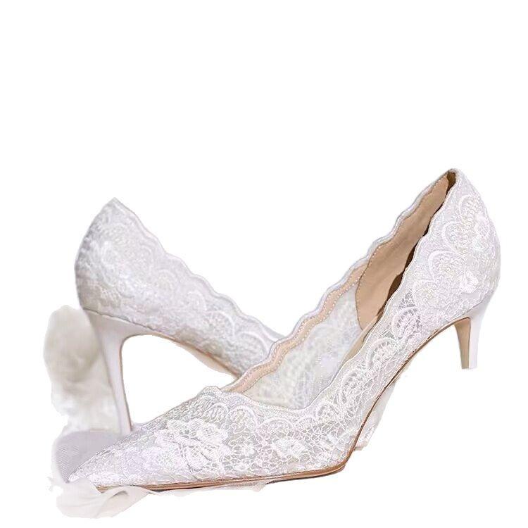 White Wedding Shoes Bridal Shoes Design Sense 2026Lace Pointed Stiletto Heel Shallow French High Heels Female Temperament