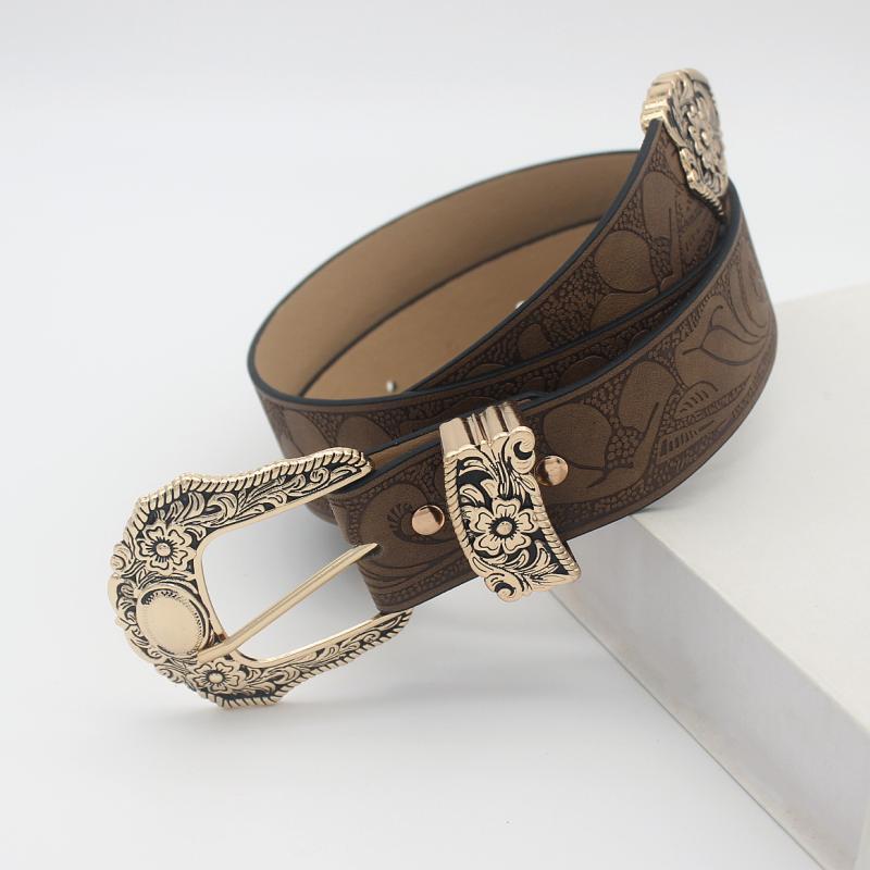European and American Style Brown Texture Niche Pin Buckle Belt Women's Print Pattern Belt Unisex