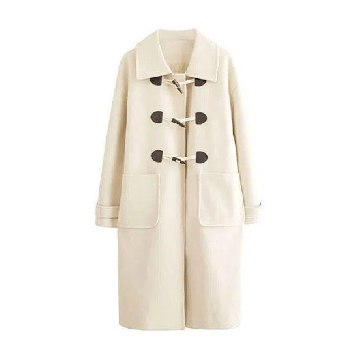 

Women s Slim-Fit Woolen Coat - Mid-Length, Horn Button, Autumn/Winter 2025 M брудно-білий