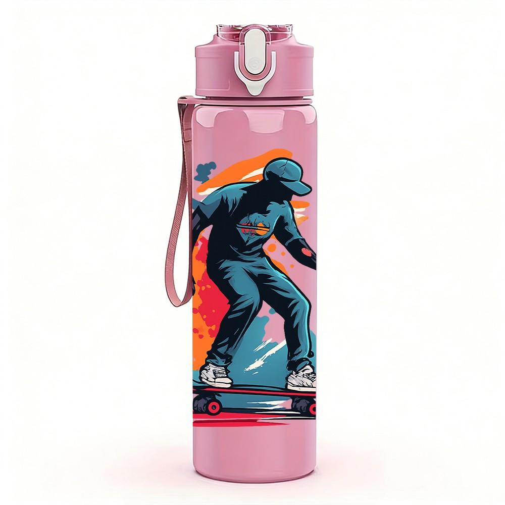 1PC Cool Skateboard Boy 750ml Color Plastic Sports Water Bottle Leakproof Flip Straw Lid Suitable for Sports Office Home Use