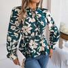 Women Long Sleeve V-Neck Blouse Feather Print Top Spring Autumn Fashion Temperament Shirt