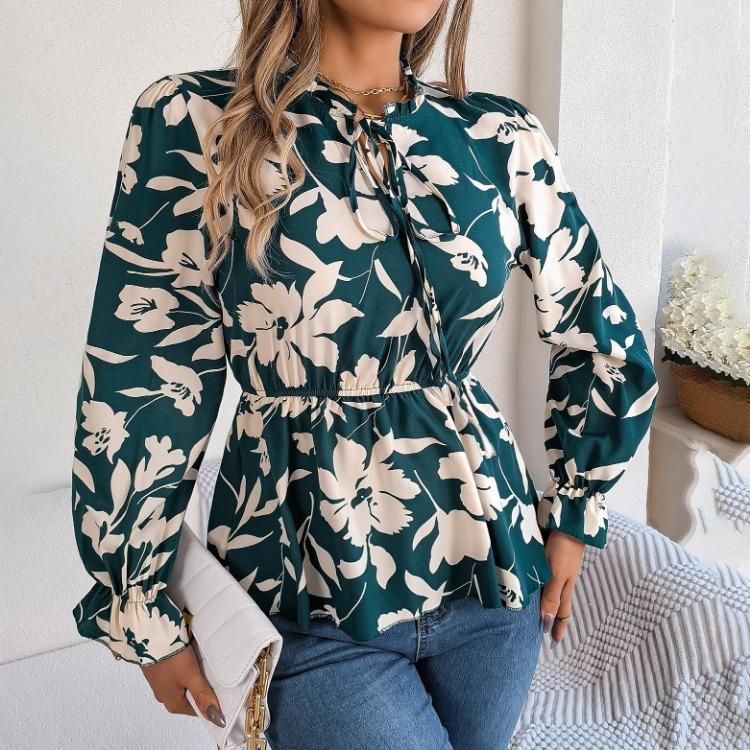 Women Long Sleeve V-Neck Blouse Feather Print Top Spring Autumn Fashion Temperament Shirt