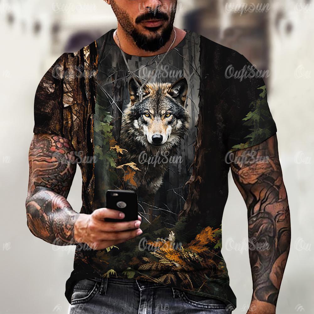 

Футболка с изображением животных джунглей для мужчин с принтом волка 3D, короткий рукав, летняя футболка с изображением охотника, свободный топ, мужская одежда 2XL