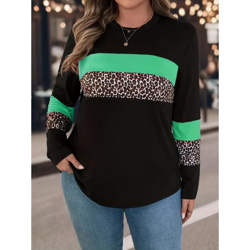 Plus Size, Plus-size Leopard Print, Color-block, Printed, Round-neck Casual Long-sleeve T-shirt, Suitable for Spring and Autumn. Women's Clothing
