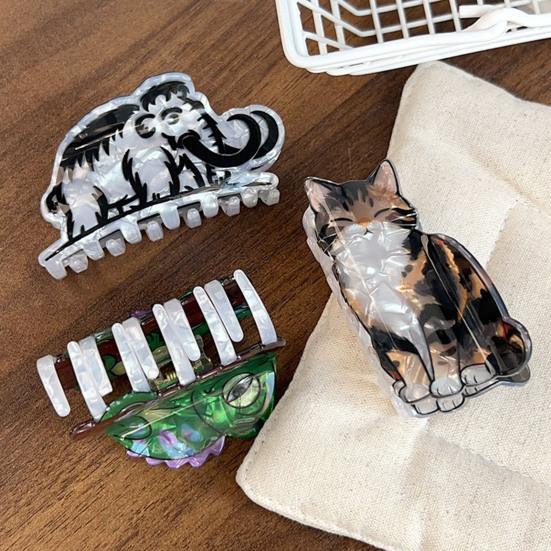 Hair Claw with High-Elastic Spring, Cat Mammoth Lizard Pattern Hair Clip with Ice-Cracked Pearlescent Texture, Firm Grip Shower Back Head Hair Claw