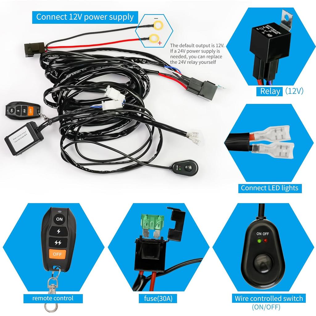 LED Lights Bar Wire Harness Kit With Remote Control 1Leads DC12V 40A Fuse Relay 3.5M/11.5FT 14AWG Wiring Harness Fit For LED Work Lights Driving Fog