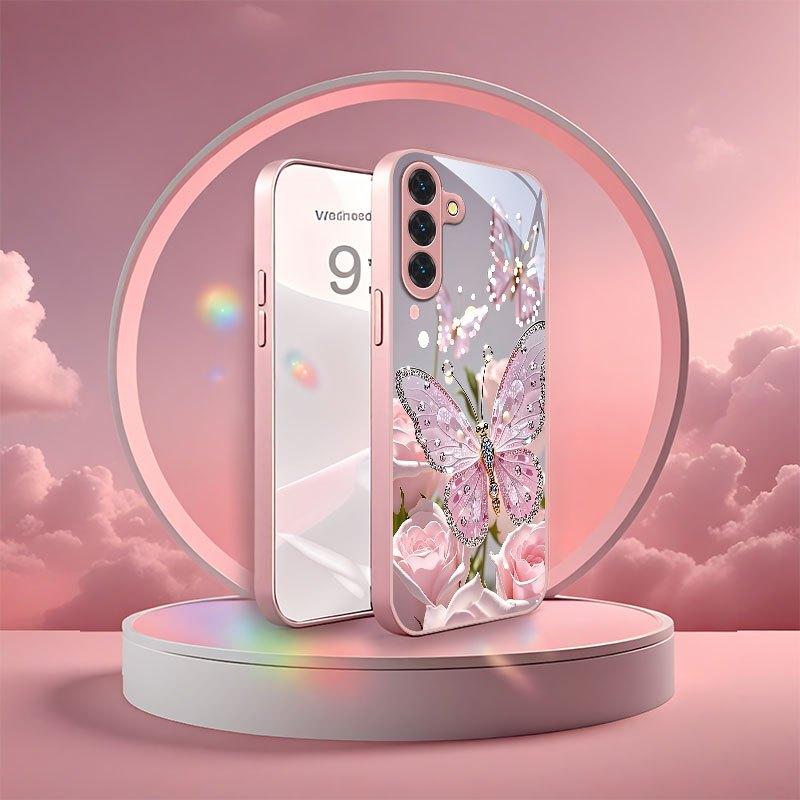 Crystal Butterfly Pattern Glass Phone Case Suitable for Samsung Galaxy S26 S25 S24 S22 S21 S20 FE/Ultra/Plus Shock Resistant