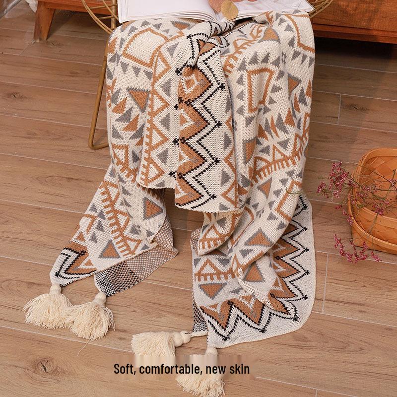 Boho pletená vlněná pohovka a postelová deka