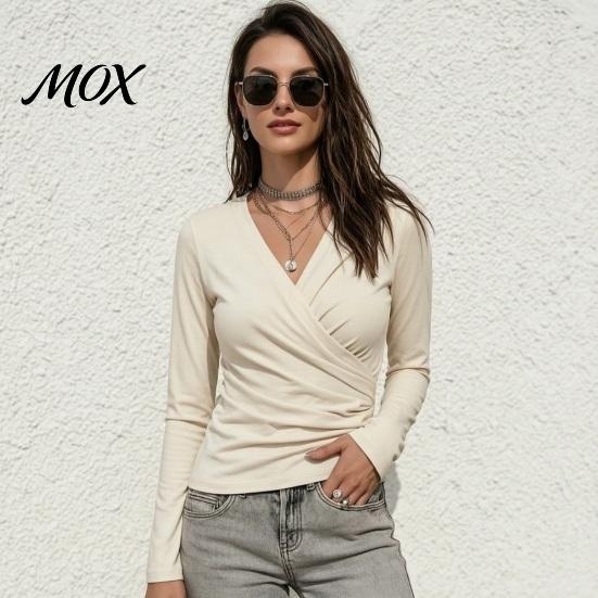 Skin Friendly Workwear Cross V-Neck Long Sleeve Top for Women, Slim Fit Sexy Relaxed Travel Clothing Pleated Shirt, Fall Solid Color Casual
