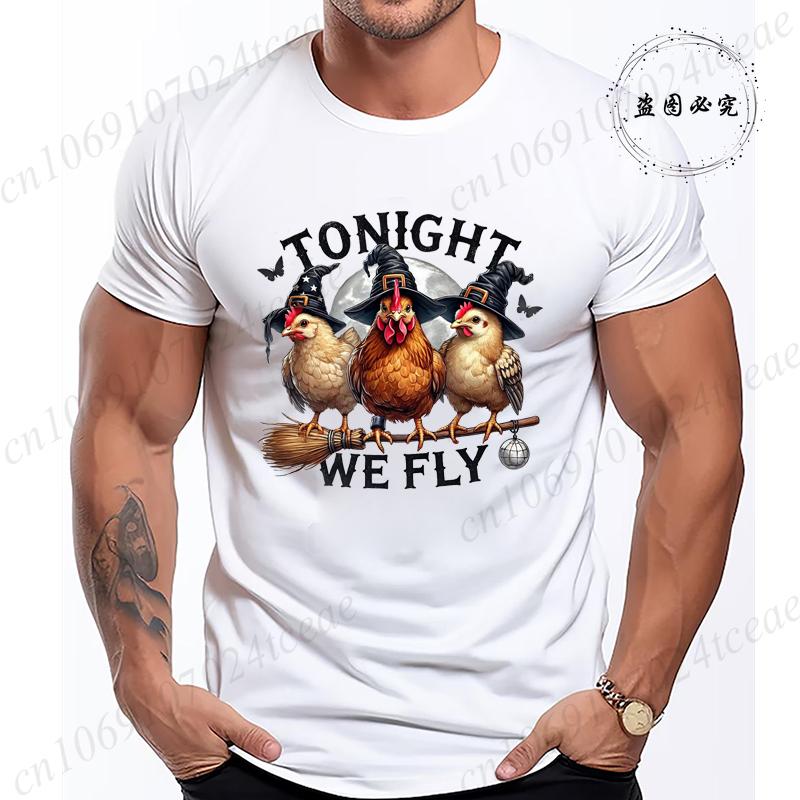 Halloween Tonight We Fly TShirt for Women Men Chicken Witches Hat Funny Casual TShirt Spooky Witch Men TShirts Clothing Tops