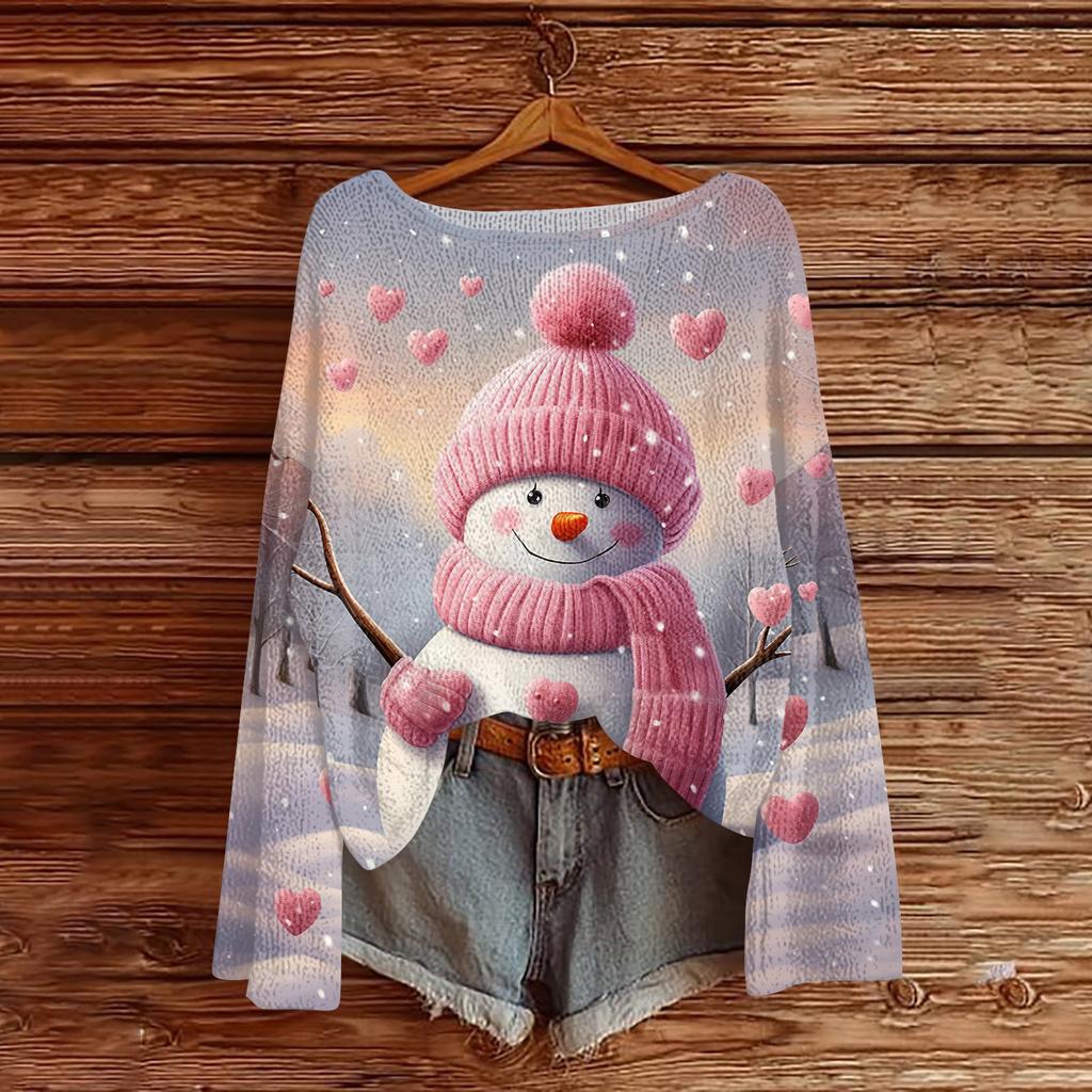 Women's Fashion Christmas Print Lightweight Sweater Casual Long-Sleeve Knit Pullover Top