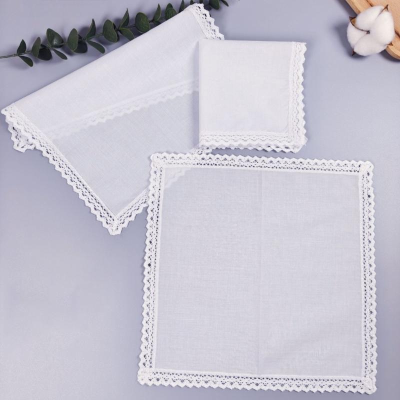 3 Piece Wedding Crochet Lace Edge Handkerchief Set For Bridal Party DIY Gift Cotton Personalizing Keepsakes Hanky
