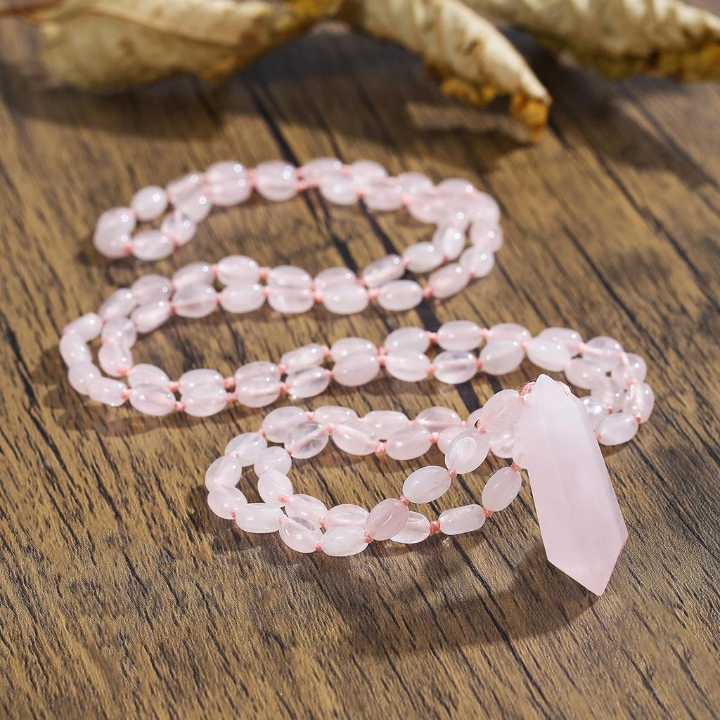 Boheemse Rozenkwarts Kralen Ketting met Natuurlijke Kristal Hanger