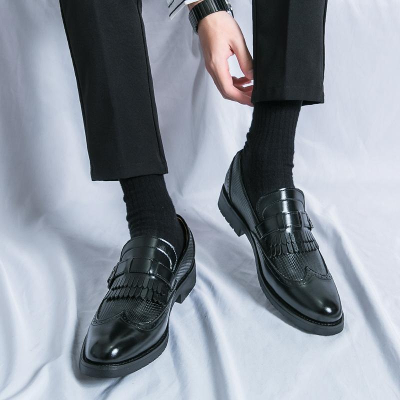 FashionBlack Thick Soled Slip On Oxford Shoes Round Head Platform Leather Shoes Brand Luxury Men Casual Designer Wedding Dress Shoes