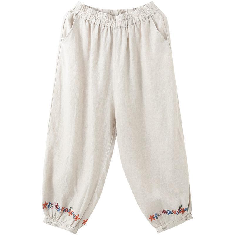 Women's Summer Retro Cropped Pants Solid Color Cotton Linen Haren Pants