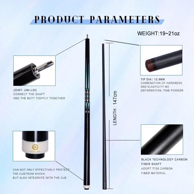 OKHEALING Carbon Fiber Pool Cue Black Technology Billiards Sticks 12.9mm Tip Uni-loc Joint 147cm/58inch Length 19~20oz Weight Billiard Cue
