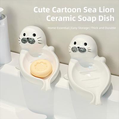 Cute Sea Lion Soap Dish Drainable Soap Container Self Draining Soap Holder Soap Box Ceramic Bathroom Decor Organizer for Sink