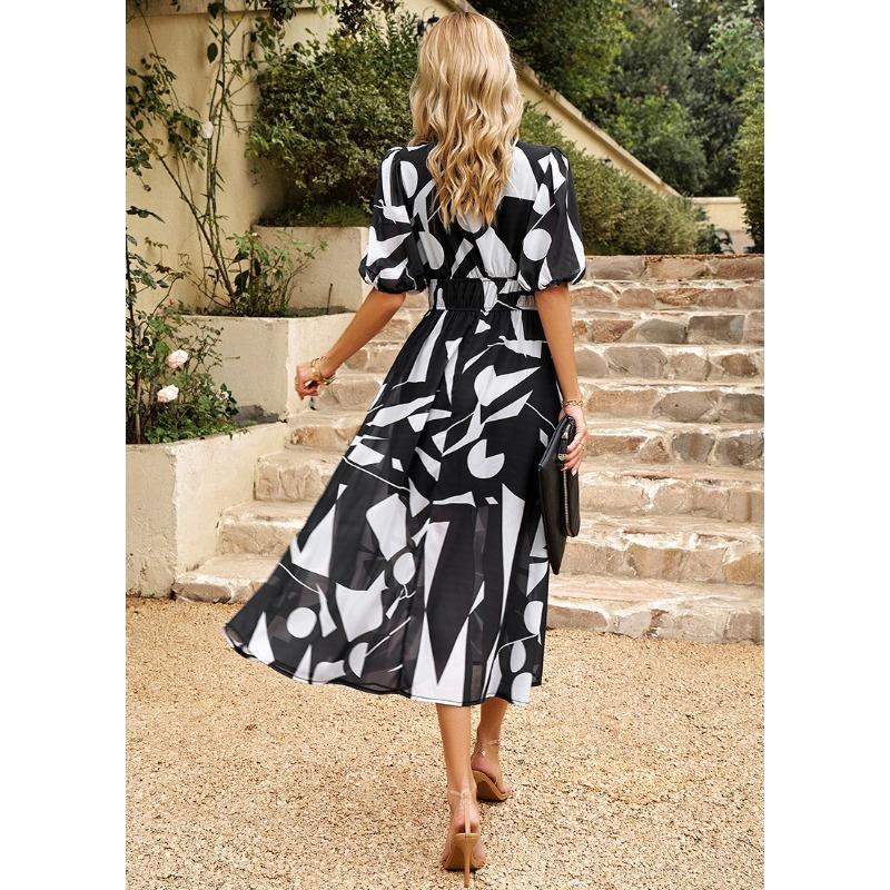 Women's Dress Summer Waist-hugging Deep V-neck Printed Long Dress