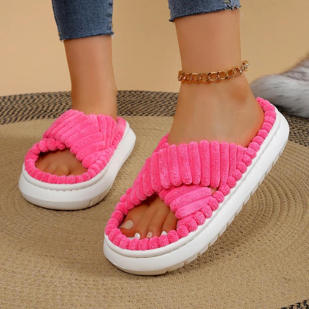 Autumn Winter Corduroy Home Slippers Women Cross Band Thick Soft Sole Slides Platform Shoes female Non Slip Indoor Slippers