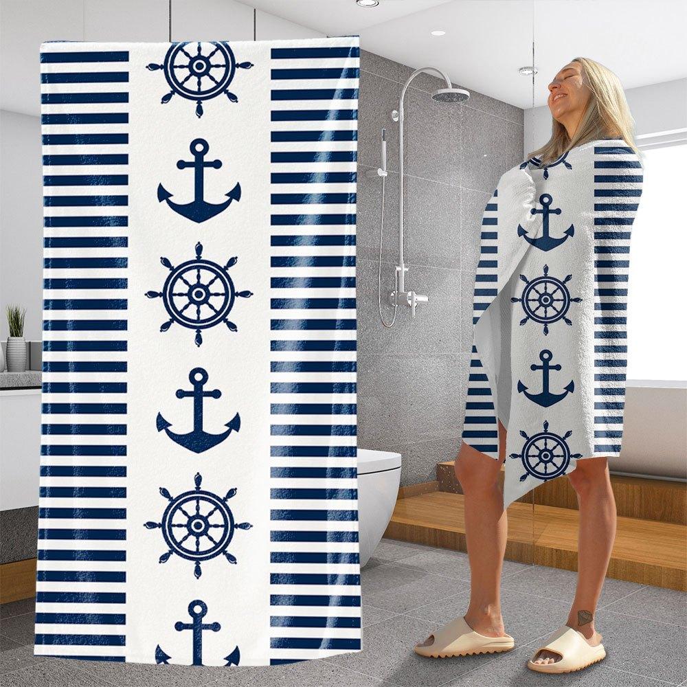 1pc of Navy Blue Striped Beach Towel Featuring an Anchor And Steering Wheel Design, It Has a Classic Nautical Style with
