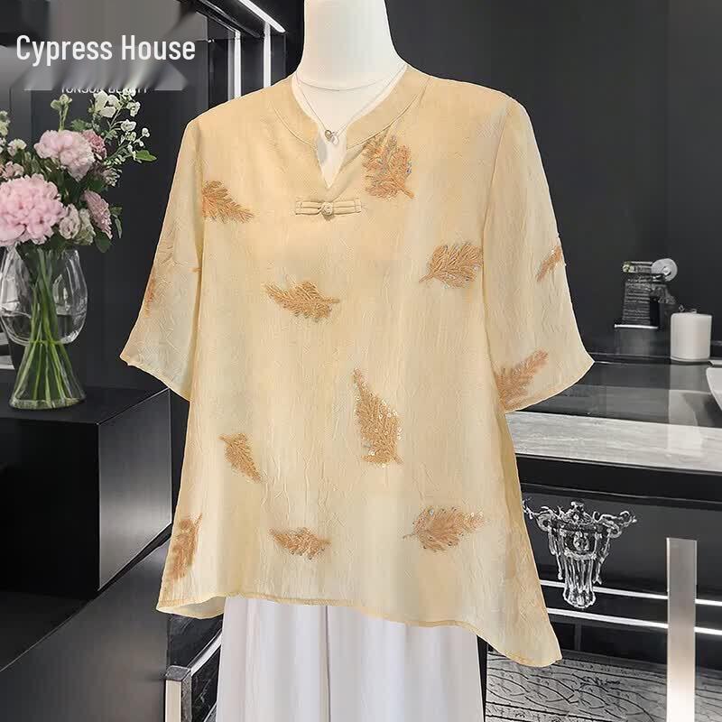 Women s Embroidered Color-Block Half-Sleeve Blouse S